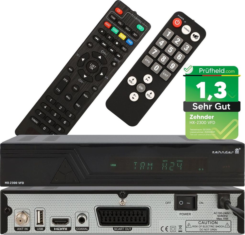 Zehnder HX 2300 VFD Sat Receiver + Senioren Fernbedienung, mit Aufnahmefunktion, Full HD fähig, Digital Sat-Receiver für Satellitenschüssel Sate...