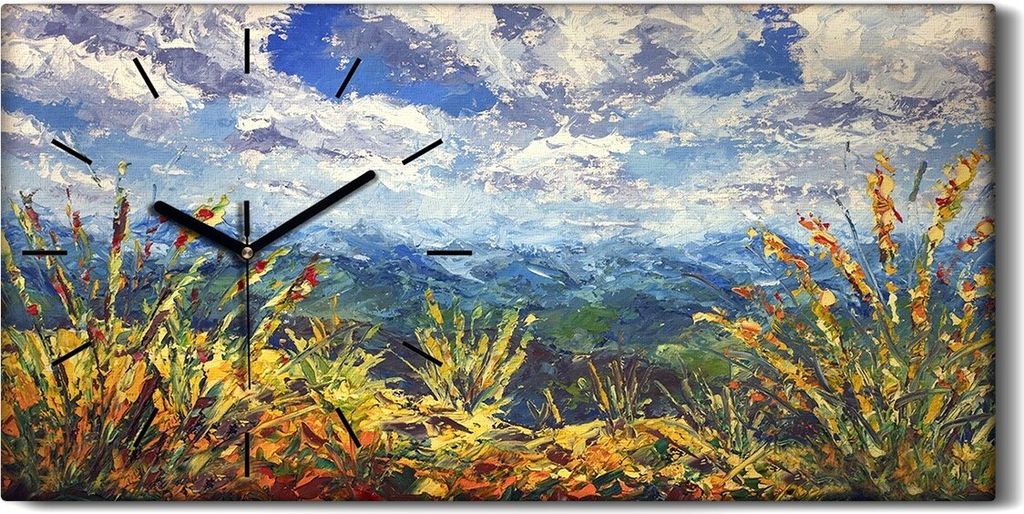 Dekor Leinwand Uhr Wandbilder Quarz 60x30 Ölgemälde Landschaft Berge Wolken - schwarze Hände