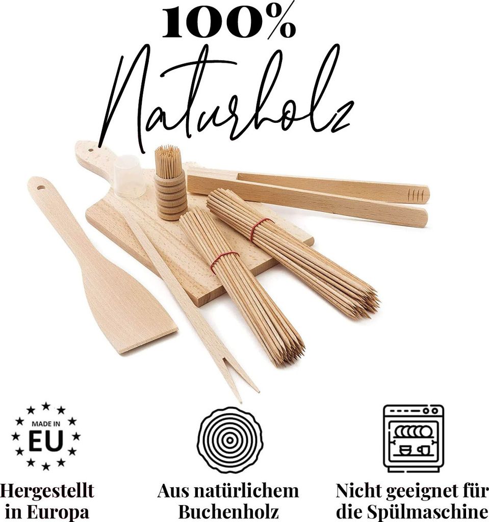 tuuli Grillbesteck Set Holz Buche Hochwertig (Schneidebrett, Pfannenwender, Grillzange, Grillgabel für Cevapcici, Zahnstocher, Grillspieße)