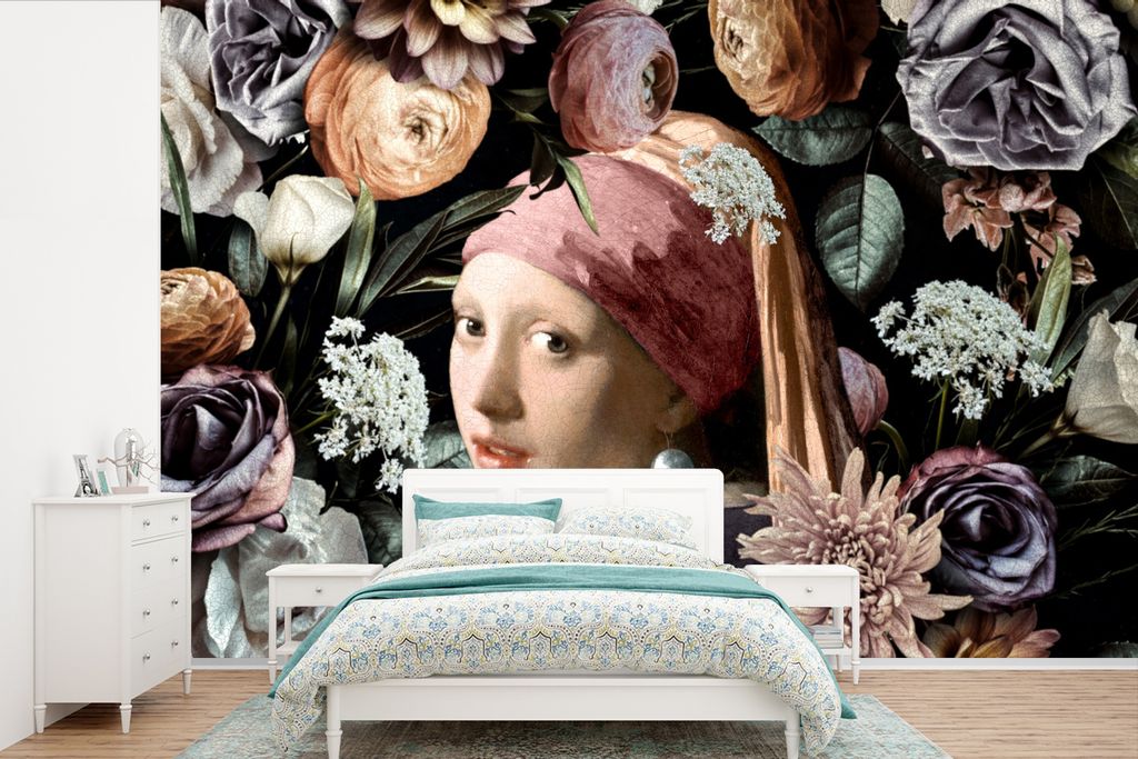 MuchoWow Fototapete für Wohnzimmer oder Schlafzimmer Wandtapete Vinyl Motivtapete Mädchen mit Perlenohrring - Blumen - Vermeer - Pastell - Kuns...
