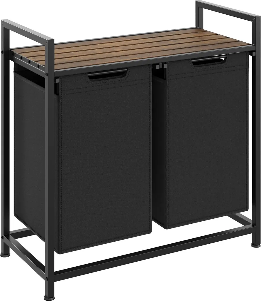 Meuble panier à linge industriel avec plateau de rangement bois et métal