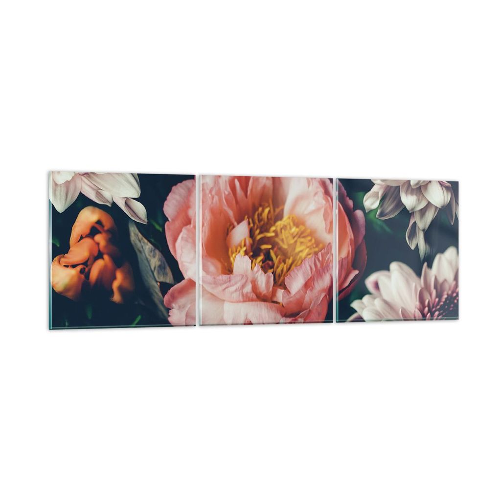 Bilder auf glas - 3 Teile - Blumen Pfingstrose Holzig - 90x30cm - Glasbilder - Wandbilder - Bilder - zum Aufhängen bereit - Wanddekoration aus Gla...