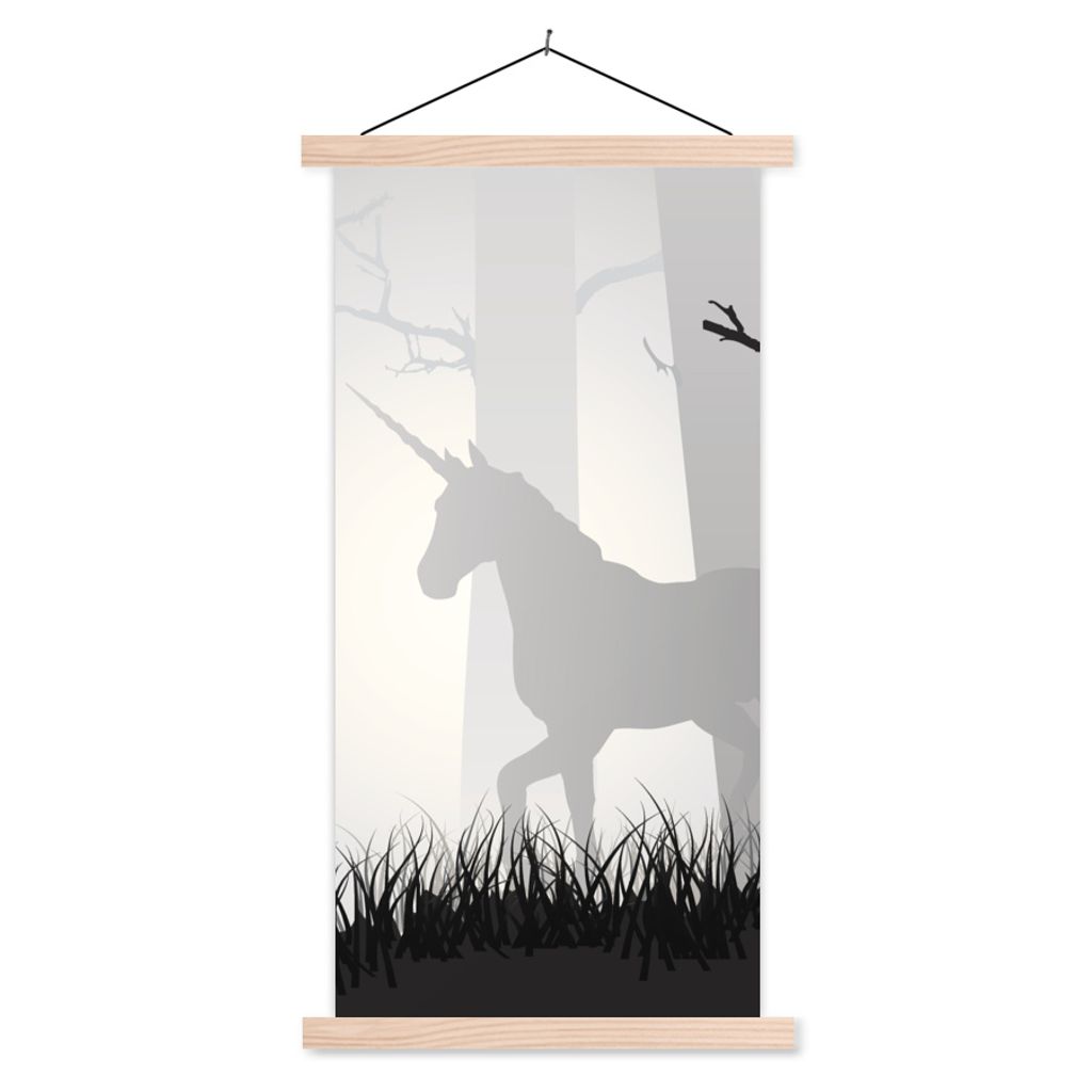 MuchoWow Textilposter Eine Illustration eines Einhorns in einem nebligen Wald - Mädchen - Kind - Kinder 60x120 cm mit holzfarbenen Rahmen - Holz