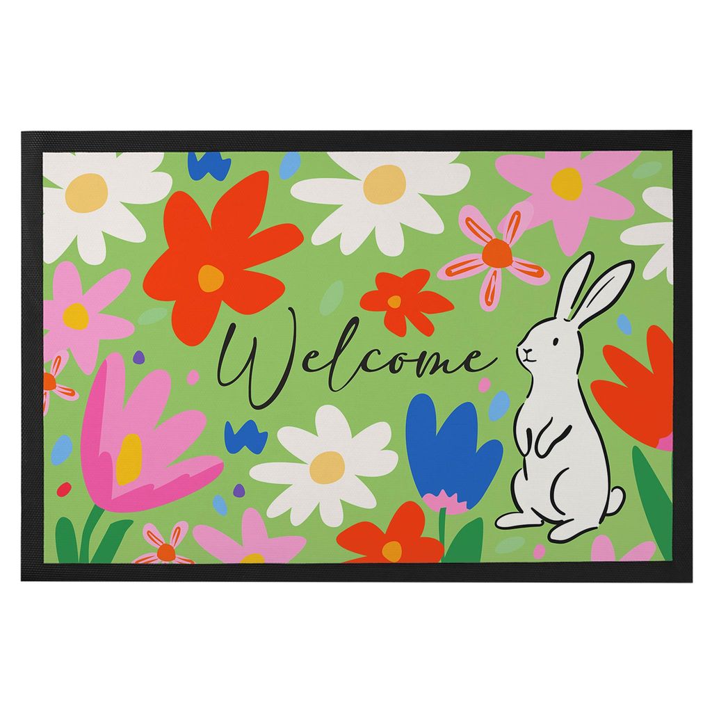 Fußmatte „Welcome“ Frühling & Ostern – Türmatte mit Blumen und Hase, rutschfest, 2 Größen (75×50 cm)