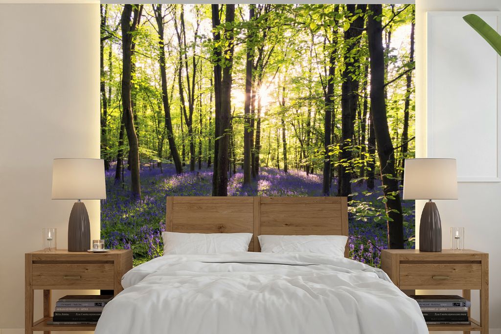 MuchoWow Fototapete für Wohnzimmer oder Schlafzimmer Wandtapete Vinyl Motivtapete Wald - Blumen - Lavendel - 260x260 cm - Papiertapeten