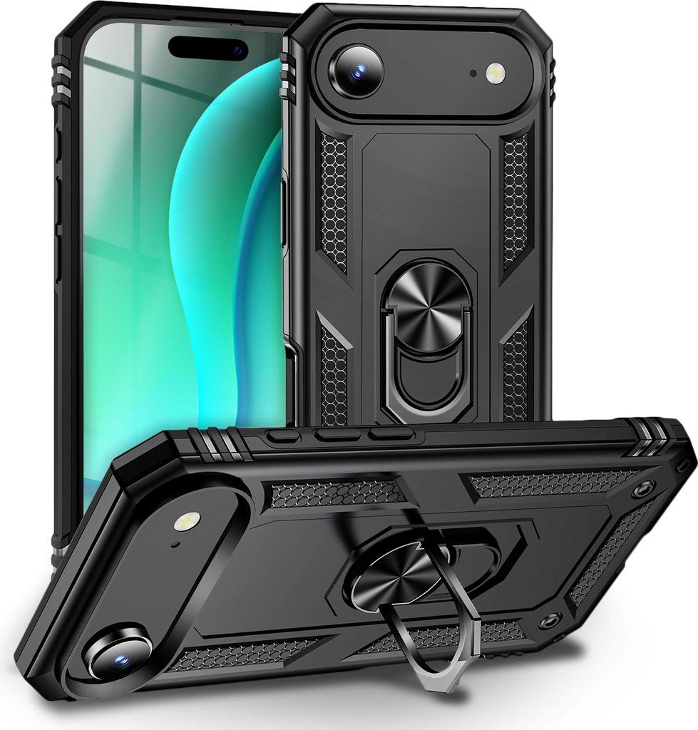 Hülle mit Ring "RingDefend" für Apple iPhone 17 Air - Extrem Robust, Fallschutz, Finger-Halter & Ständer, Military Style - Vulkanschwarz