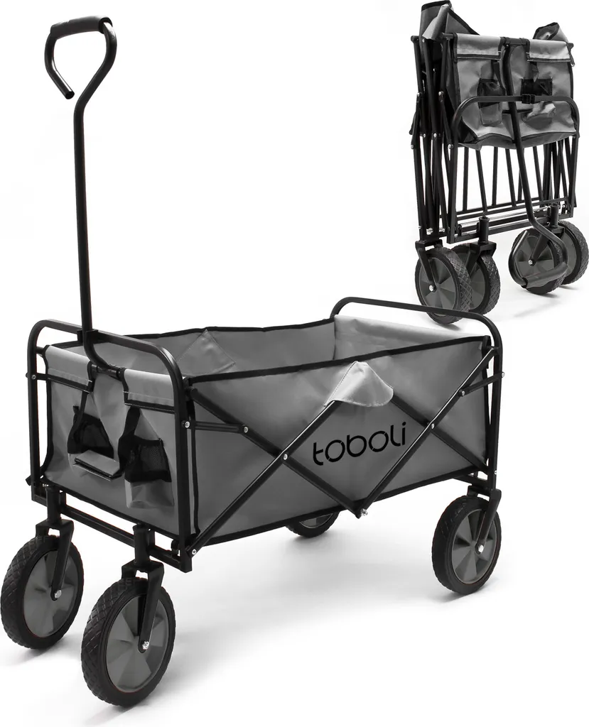 Carrello a mano Toboli pieghevole offroad grigio, carrello a mano pieghevole caricabile fino a 100 kg, carrello a mano pieghevole per spiaggia, giardino, shopping