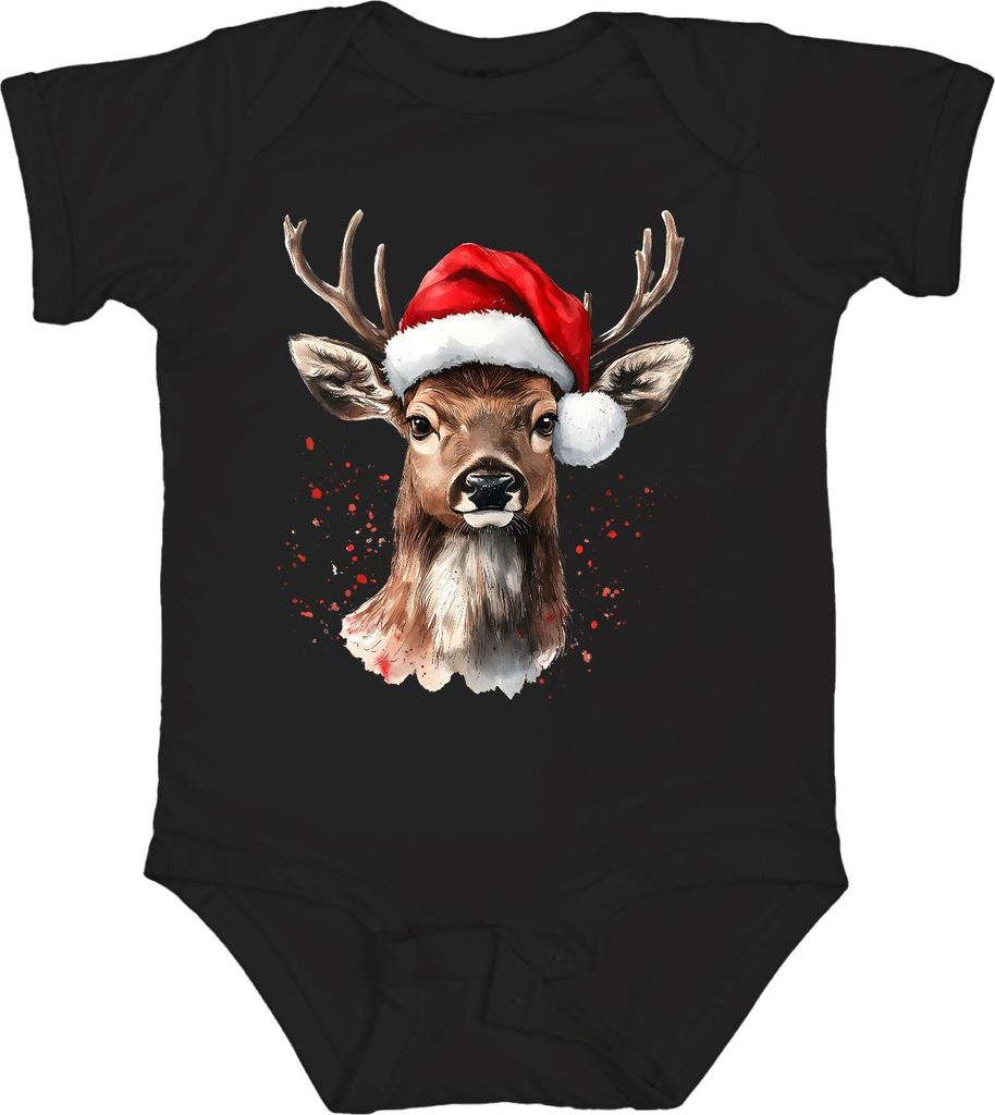 Rentier Santa Hut Weihnachten Aquarell Splatter Geschenk Retro Unisex Baby Body, Schwarz, 12/18