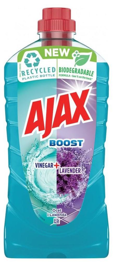 A bottle of AJAX cleaning product with a split design showing vinegar and lavender.