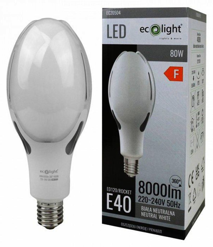 Lampada per lampioni Ecolight Rocket E40, 80W, 4000K, 8000 Immagine del prodotto 