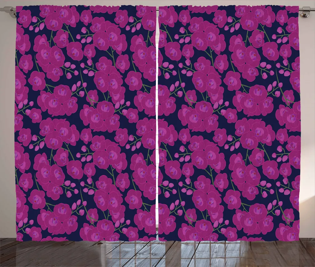 ABAKUHAUS Orchidee Tenda rustica, romantici rami, camera da letto Tenda con passanti e ganci, 280 x 245 cm, Magenta Night Blue