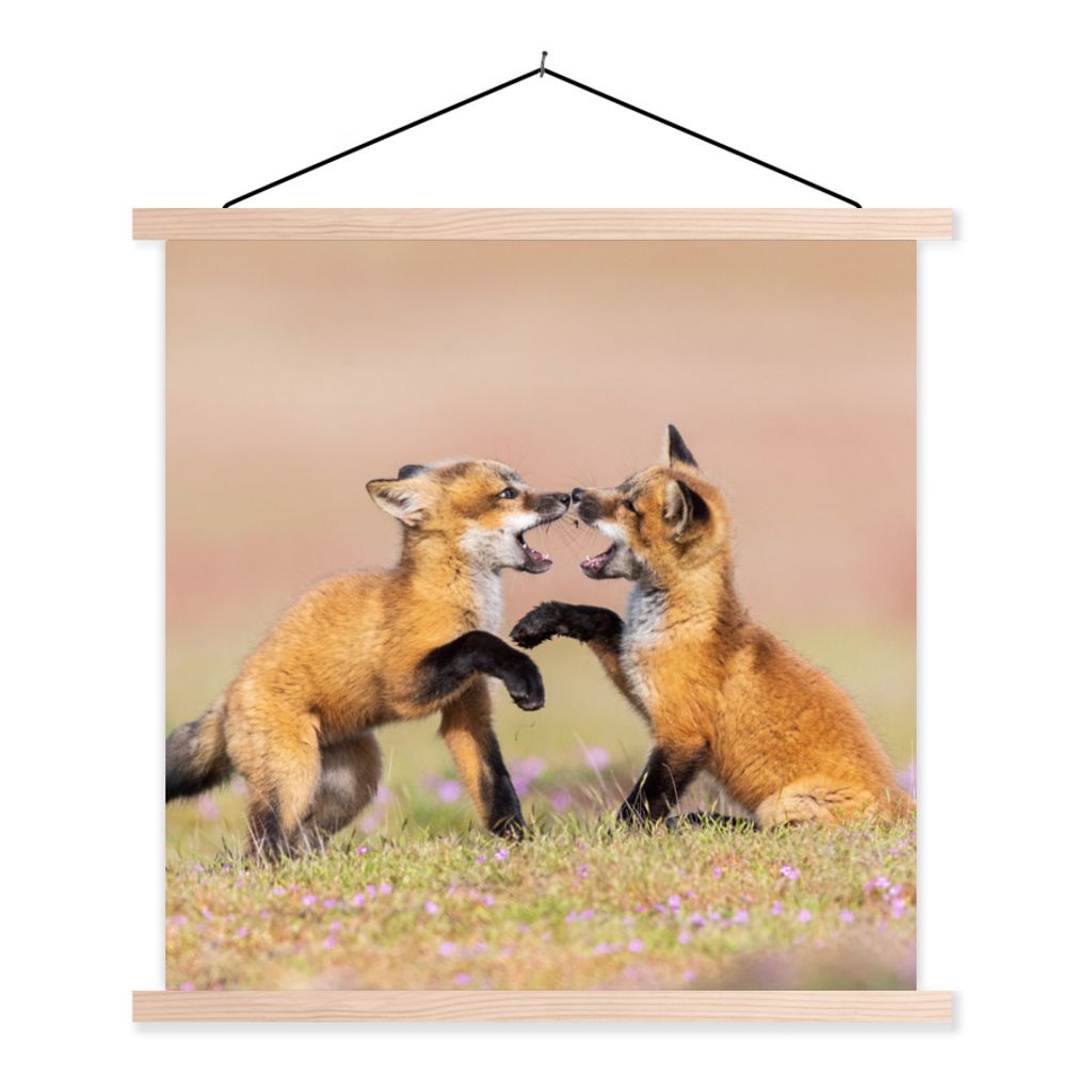MuchoWow Textilposter Füchse - Blumen - Porträt 120x120 cm mit holzfarbenen Rahmen - Textil-Poster