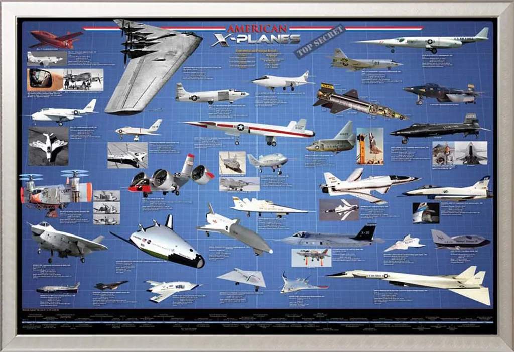 Educazione - Educazione - Poster - Aviazione americana - X-Planes Aerei americani + cornice rimovibile, Shinsuke® Maxi alluminio argento, vetro acrilico