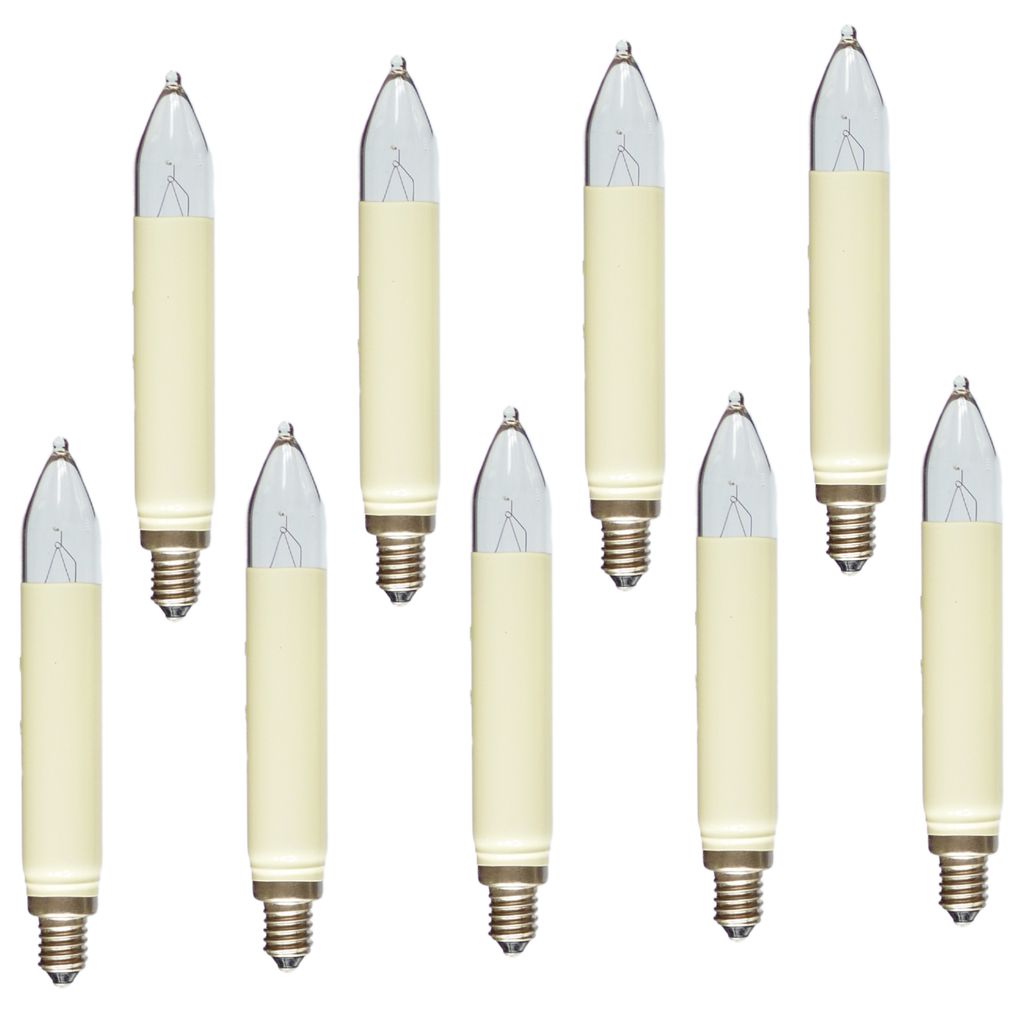 A collection of nine candle-shaped light bulbs arranged in two rows.