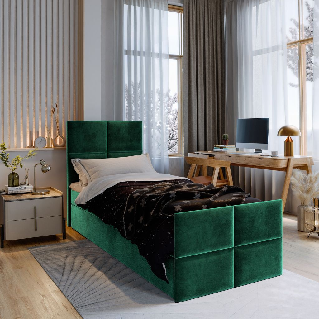 Masseno Boxspringbett ARIEL 80 80x200 cm Komplett-Set mit Bonell Matratze und Topper, Polsterbett mit Bettkästen -Grün, KRONOS 19