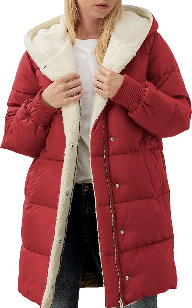 ASKSA Damen Wintermantel Lang Warm Daunenjacke Winterjacke Laessig Fleecejacke Outdoor Casual Kapuzenmantel (Rot,3XL)