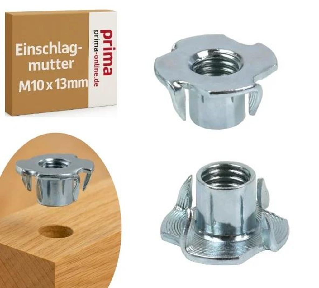 Einschlagmutter M10 x 13 mm verzinkt – 4 Einschlagspitzen – 10 Stück