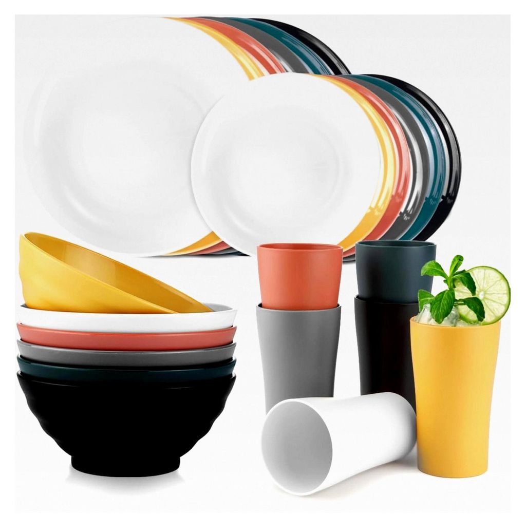 Plastik Geschirr Set, 24-teiliges Camping Geschirr Set für 6 Personen, unzerbrechliches Picknick Geschirr mit Schüsseln, Tellern und Bechern für...