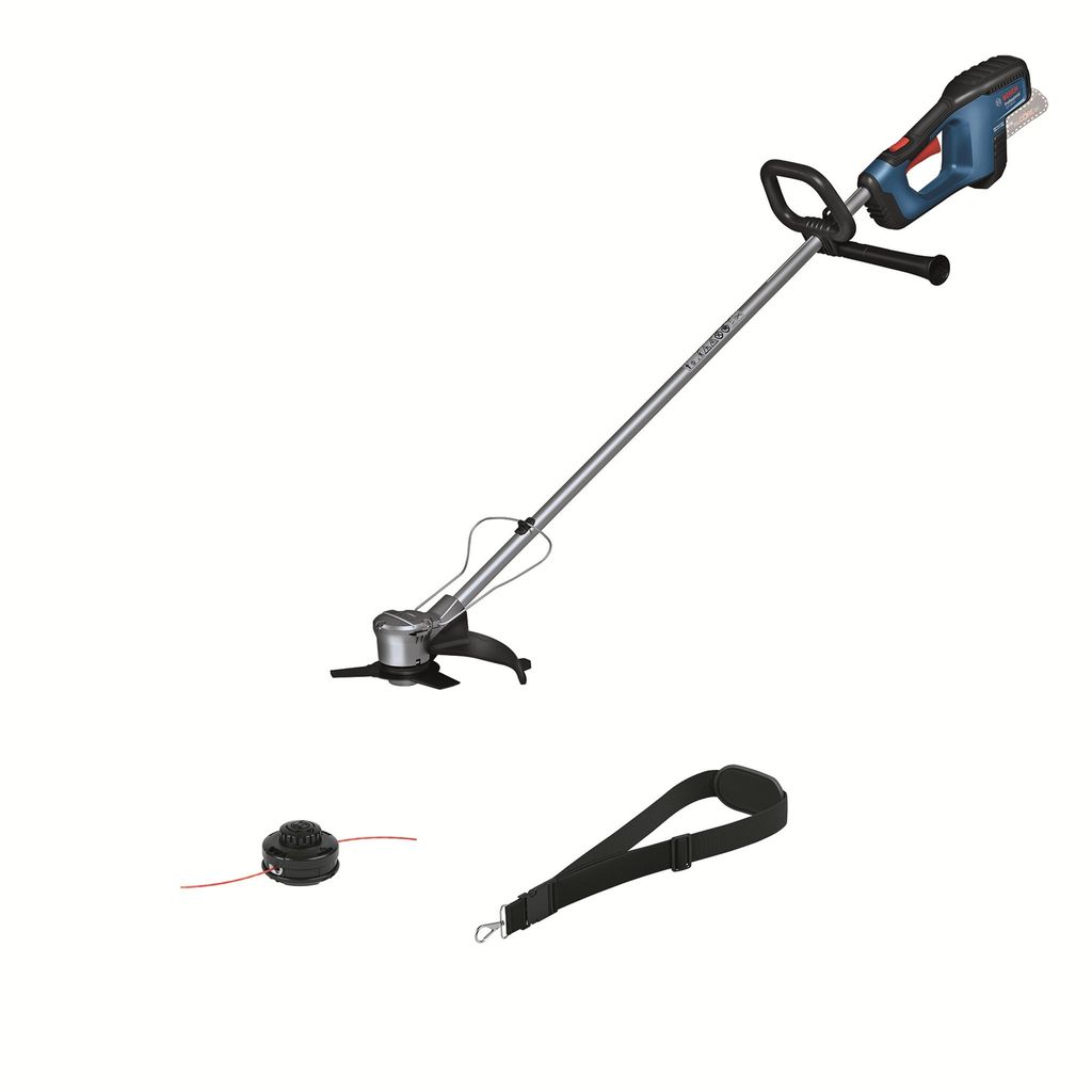 A cordless string trimmer and its accessories are displayed against a white background.