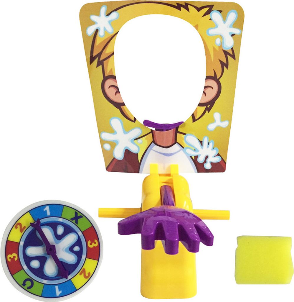 A set of components for the Pie Face Party game, including a face stand, a spinner, and a sponge.