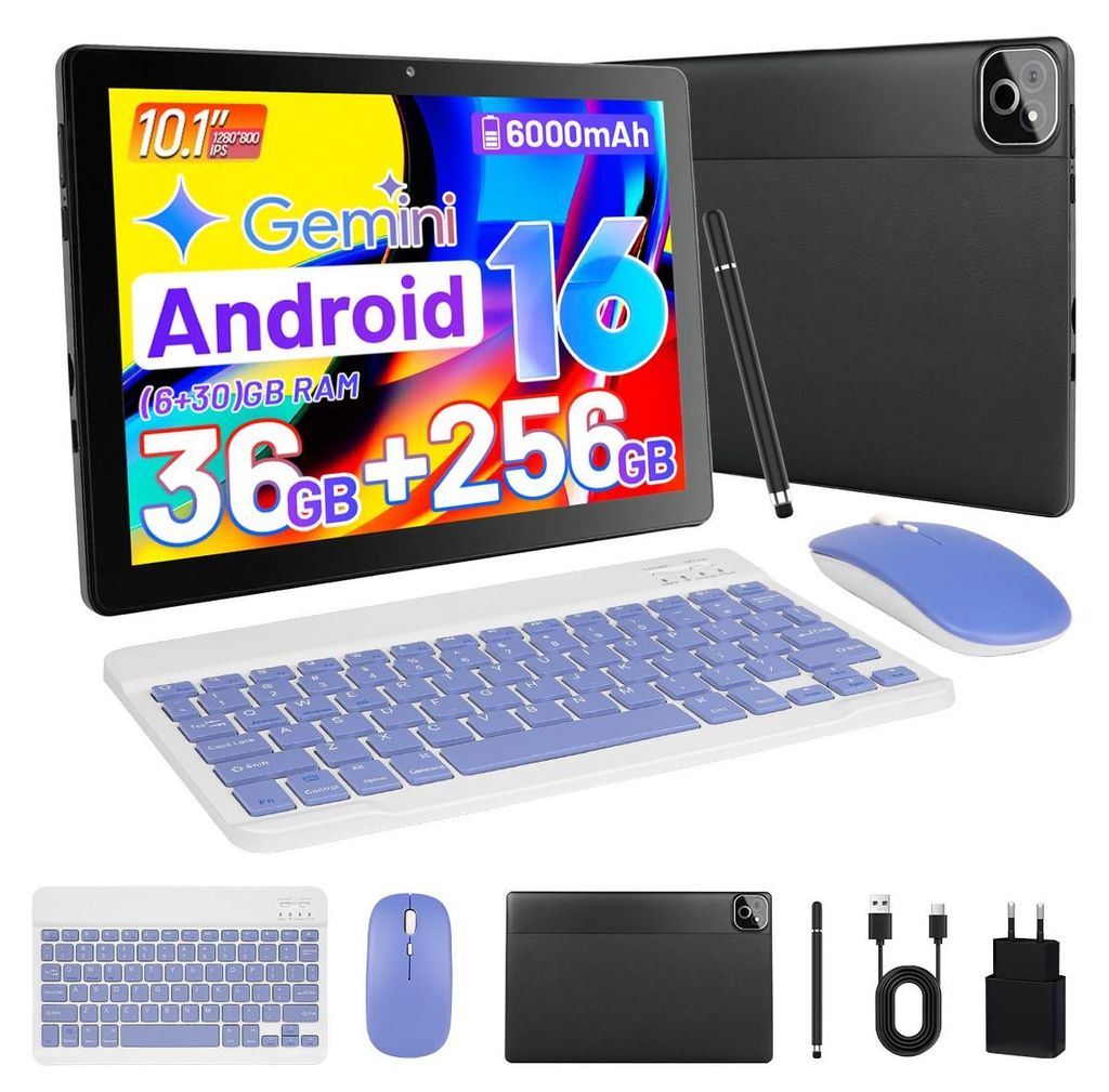 Tablet 10 Zoll Android 16 mit 36(6+30)GB RAM, 256GB ROM, 6000mAh Akk, WiFi 6, mit Tastatur/Maus/Stylus, Gemini AI