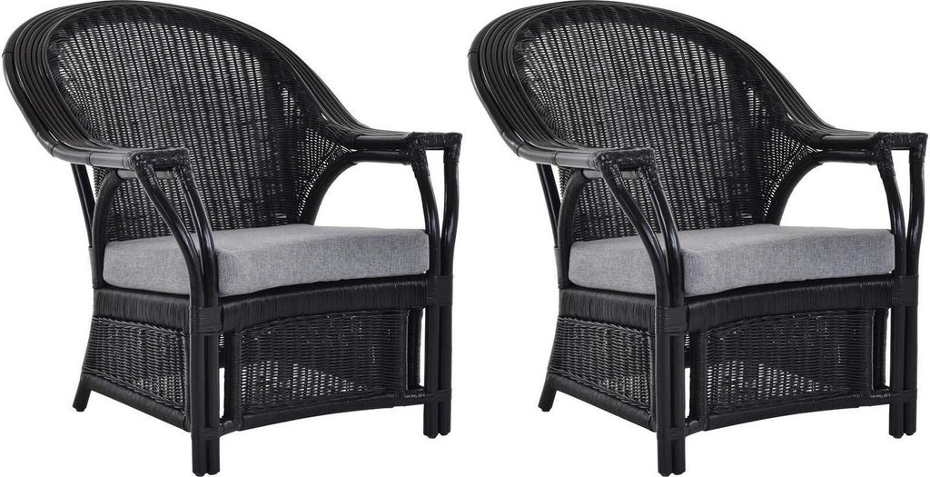KRINES HOME 2er Set Wintergarten Sessel "Safari" Rattan Armlehnsessel Wohnzimmersessel Rattansessel (Black)
