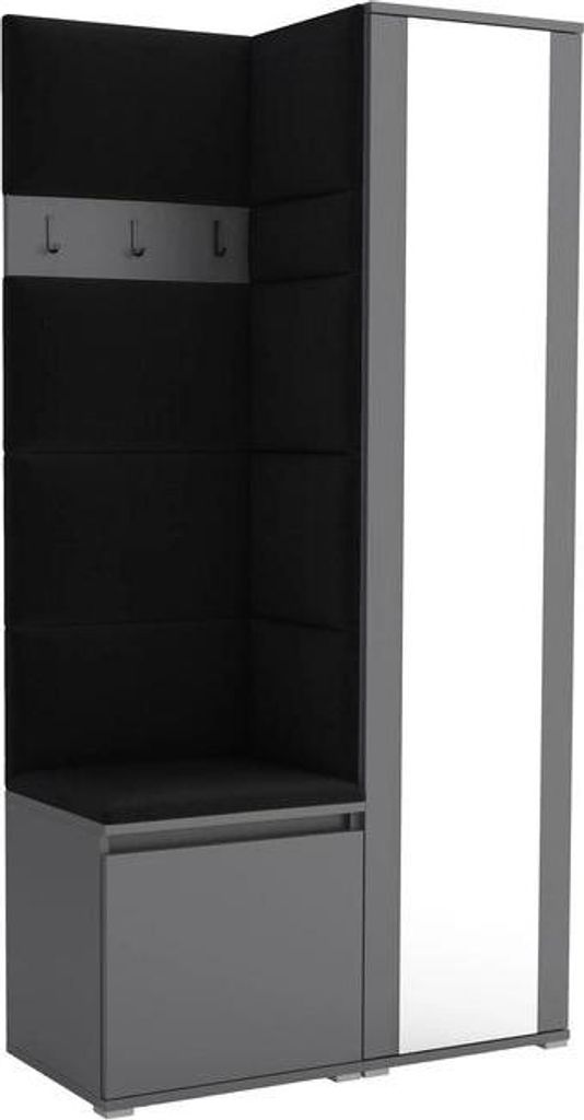 Garderoben-Set Noris VI mit Spiegel, gepolsterte Garderobe 95 cm, kompakte Flurmöbel mit Wandpaneelen, Haken und Stauraum (Farbe: Anthrazit + Trin...