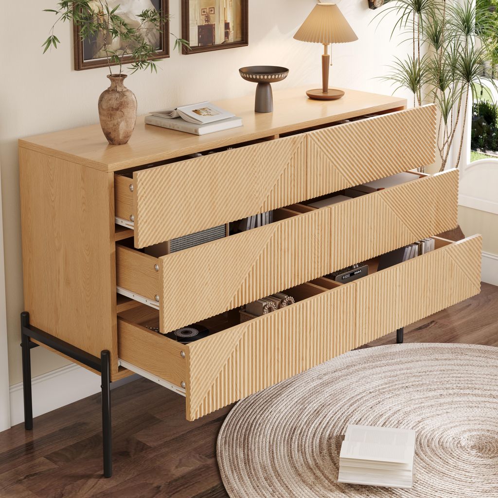 MODFU Kommode Sideboard Aufbewahrungsmöbel Dreidimensionale Struktur Sechs Schubladen Große Ablagefläche Natur