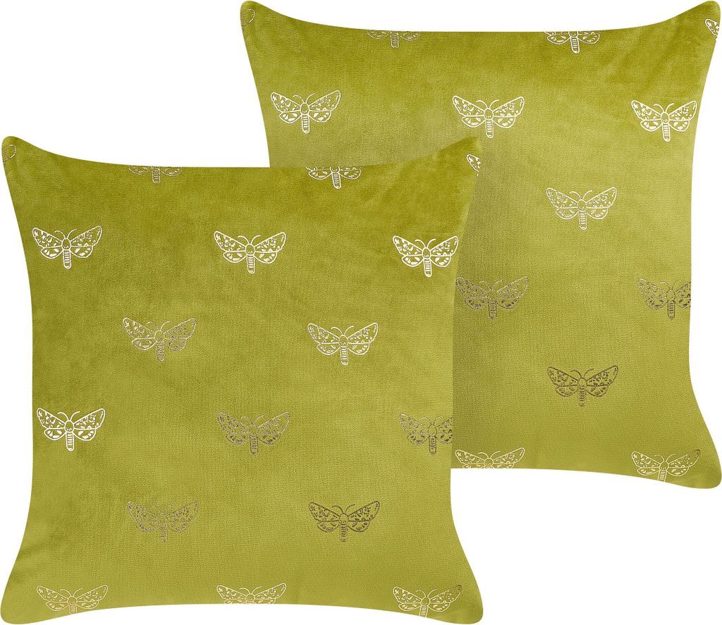 BELIANI Dekokissen 2er Set in Hellgrün / Gold Samtstoff 45 x 45 cm Quadratisch Schmetterling Muster Wohnaccessoires Deko für Sofa Sessel Bett