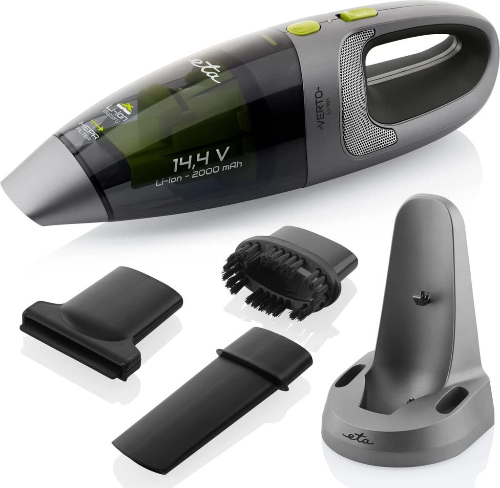 A cordless handheld vacuum cleaner and its accessories are displayed against a white background.