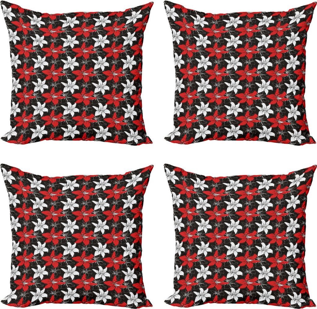 ABAKUHAUS Rot und Schwarz Kissenbezug Set (4 Stück), Gartenpflanzen Kunst, Moderner Doppelseitiger Digitaldruck, 45 cm x 45 cm, Schwarz Weiß Verm...