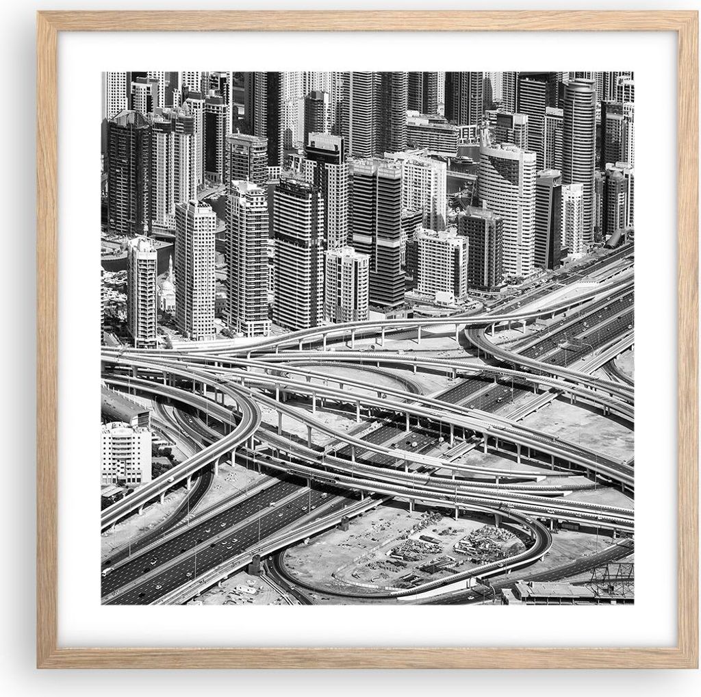Gerahmtes Poster - Rahmen in heller Eiche - Stadt Wolkenkratzer Autobahn - 50x50 cm - Wand Bild - Wanddeko - Wandbilder - Kunstposter - Wandposter ...