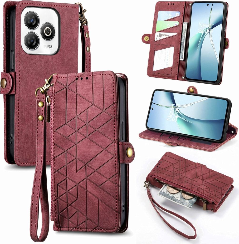 Für ZTE Blade A75 4G Geometric Design Kunstleder Zipper Book Wallet Tasche mit Schlaufe Rot