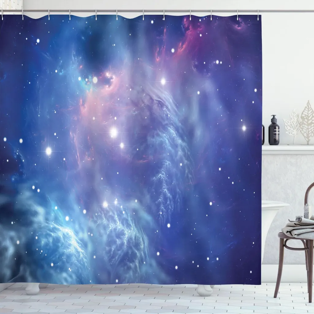 ABAKUHAUS Tenda da doccia Space, nebulosa galattica con ammasso stellare Tempo dell'atomo Motivo astronomico cosmico, 175 x 180 cm, viola