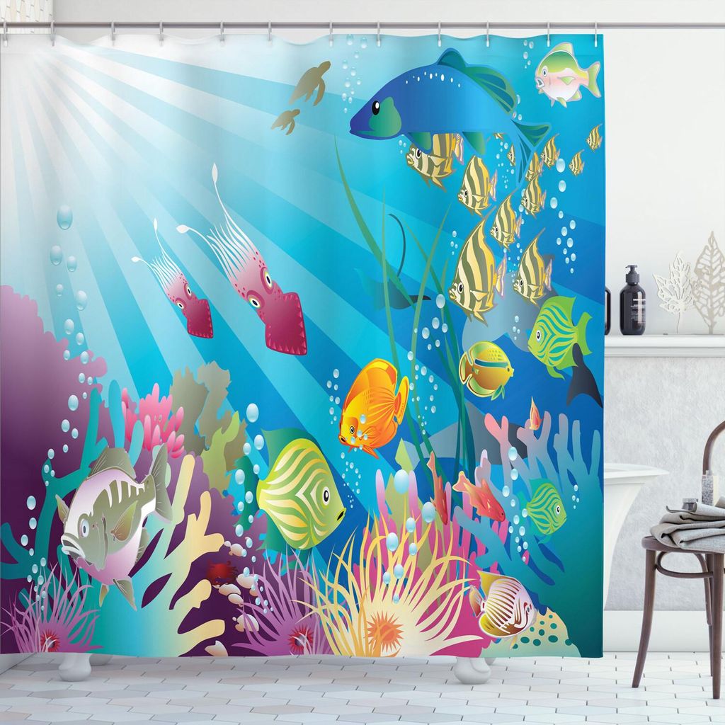 ABAKUHAUS Unterwasser- Duschvorhang, Druck von Bunt Marine-Themen Lifestyle mit vielen Fischart im Ozean, 175 x 180 cm, Mehrfarbig