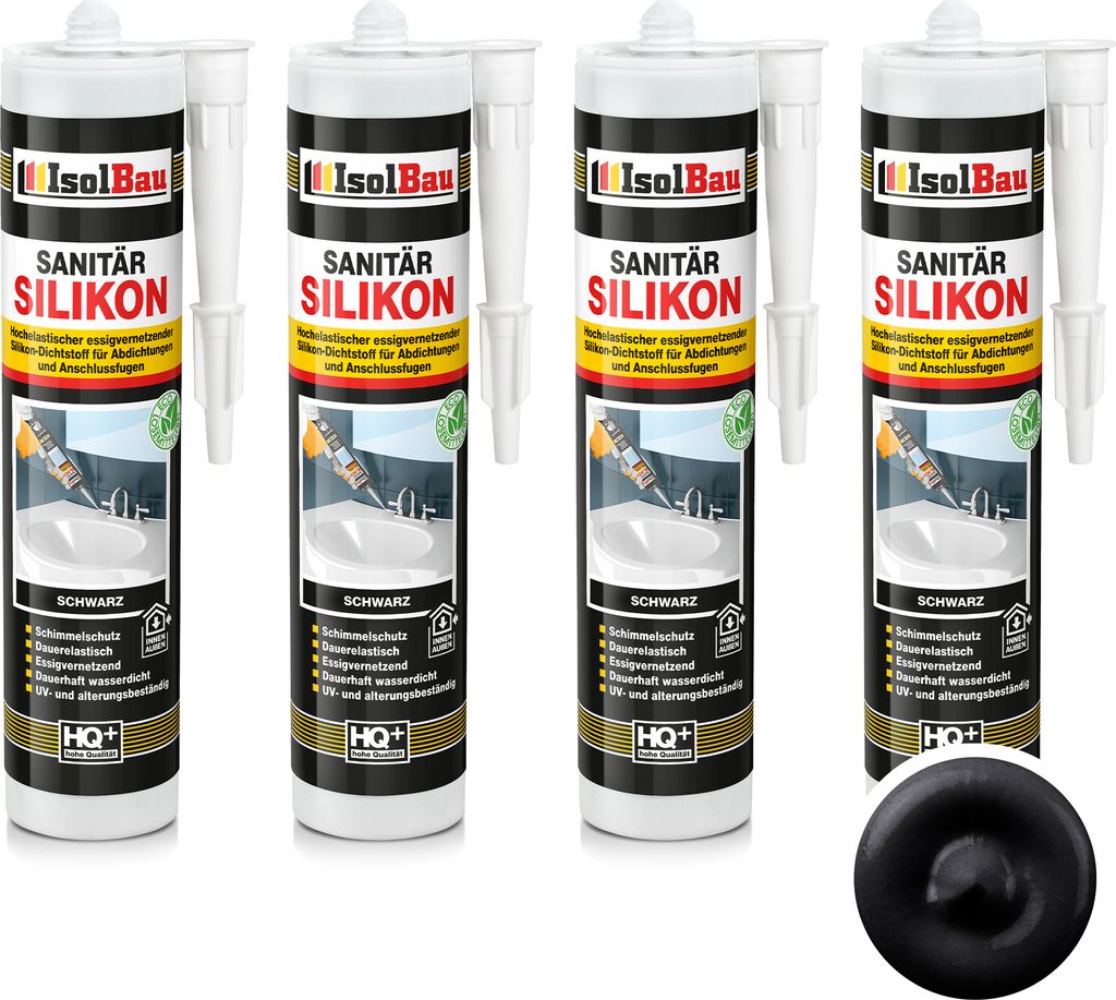 Isolbau Sanitär Silikon 4 x 300 ml Schwarz - Hochelastischer Silikon-Dichtstoff für Abdichtungen & Fugen – Schimmelresistent, wasserdicht - Kar...