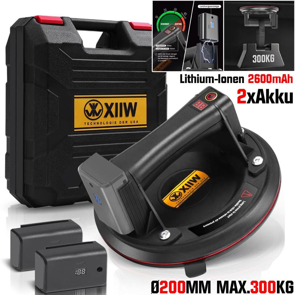 Mit 2X Akku, Elektrischer Saugheber Max. 300KG ,Selbst Nachsaugend Glasheber 8" Vakuum Starker Saugnapf,Geeignet für schweres Glas, Fliesen