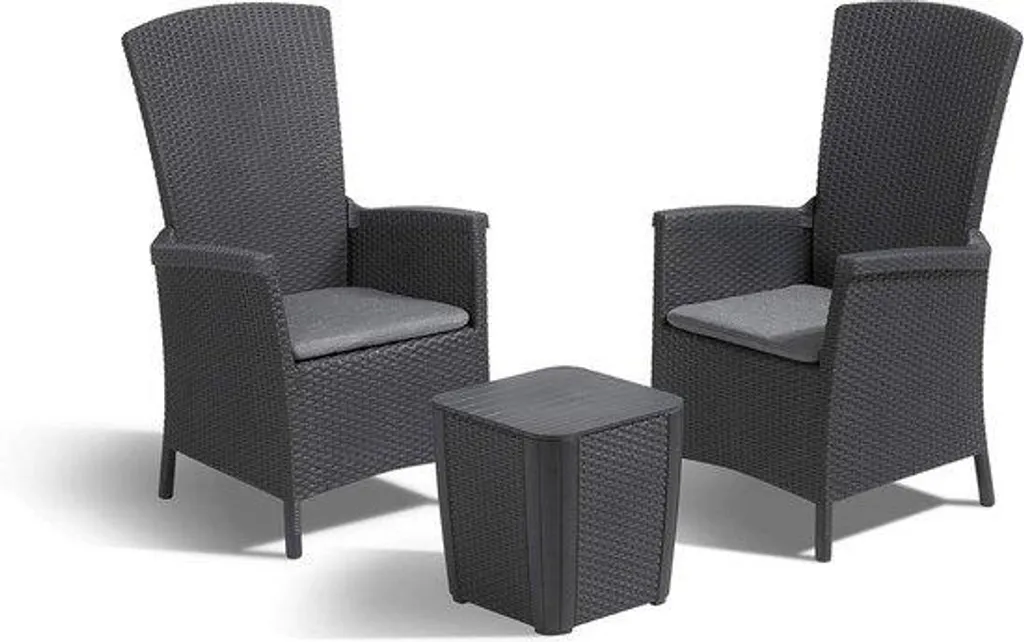 Ensemble de balcon gris avec 2 chaises et table en plastique et coussins