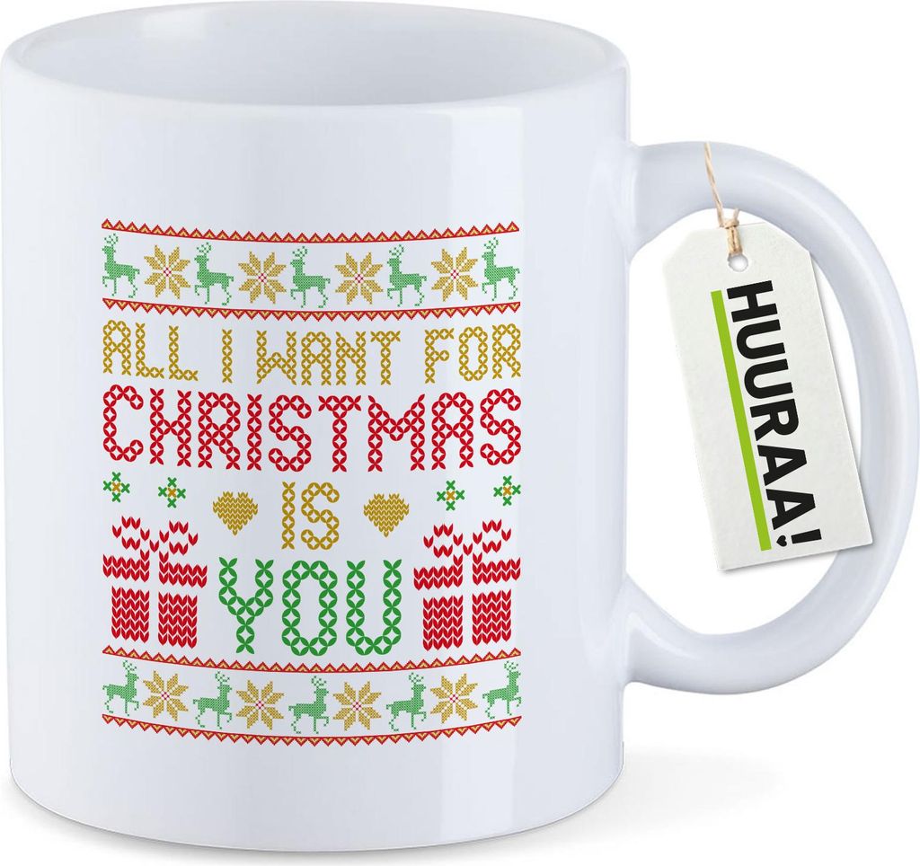 Huuraa Kaffeetasse Ugly Christmas All I want is you 330ml Weiß Keramik Kaffeebecher Geschenkidee