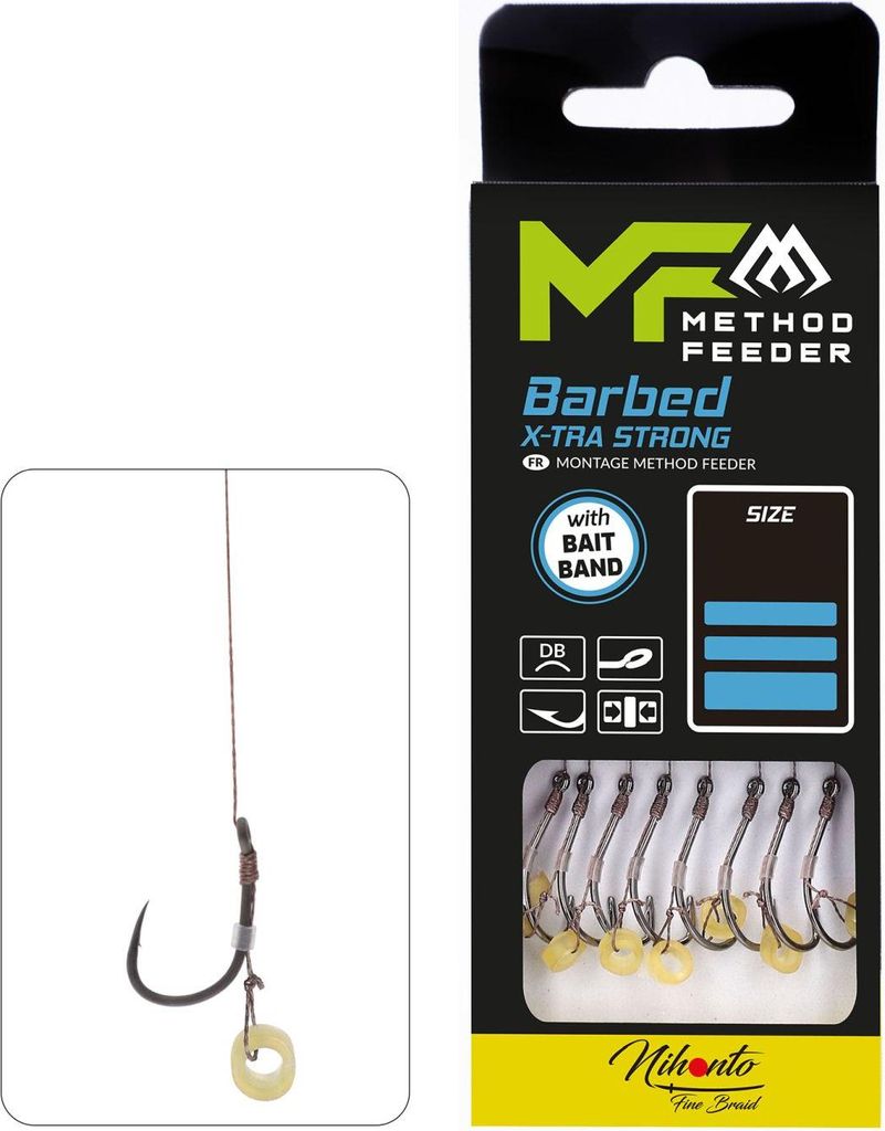 8x MIKADO METHOD FEEDER X-STRONG Haken Rig BARBED mit Bait Band -geflochtener Schnur #6 / Ø0,12mm / 10cm
