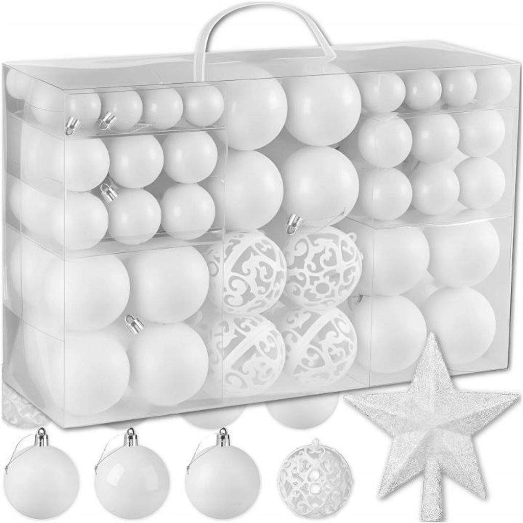 Weihnachtskugeln Set Weiß 100 Stück 3/4/6 cm Mit Stern 15 cm Bruchsicher Christbaumschmuck