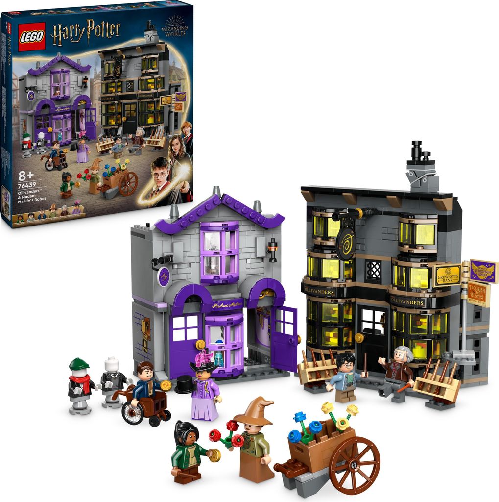 A LEGO Harry Potter set featuring two buildings from Diagon Alley, Ollivanders and Madam Malkins, along with several minifigures and accessories.