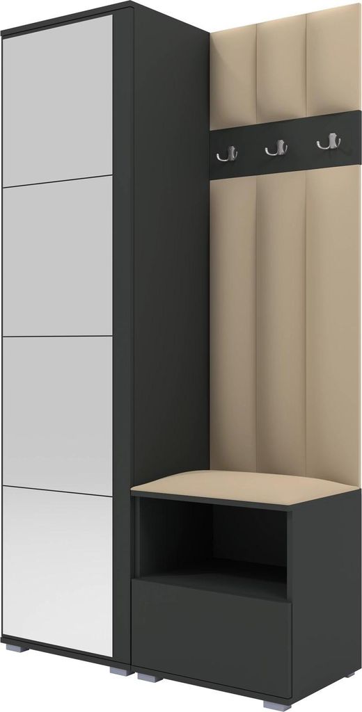 Garderoben-Set Nela I LUX mit Spiegel, gepolsterte Garderobe 100 cm mit Sitzbank, Wandpaneelen und Stauraum (Farbe: Graphit + Trinity 04)