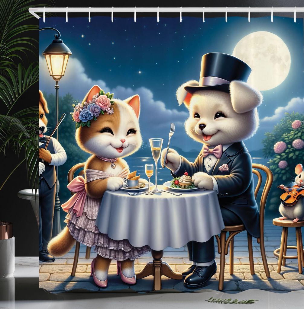 Duschvorhang mit Katzenmotiv, lächelndes, fröhliches Kätzchen, Dame und Herr, Welpe, romantisches Abendessen, Stoffvorhang mit Haken, 175 x 200 ...