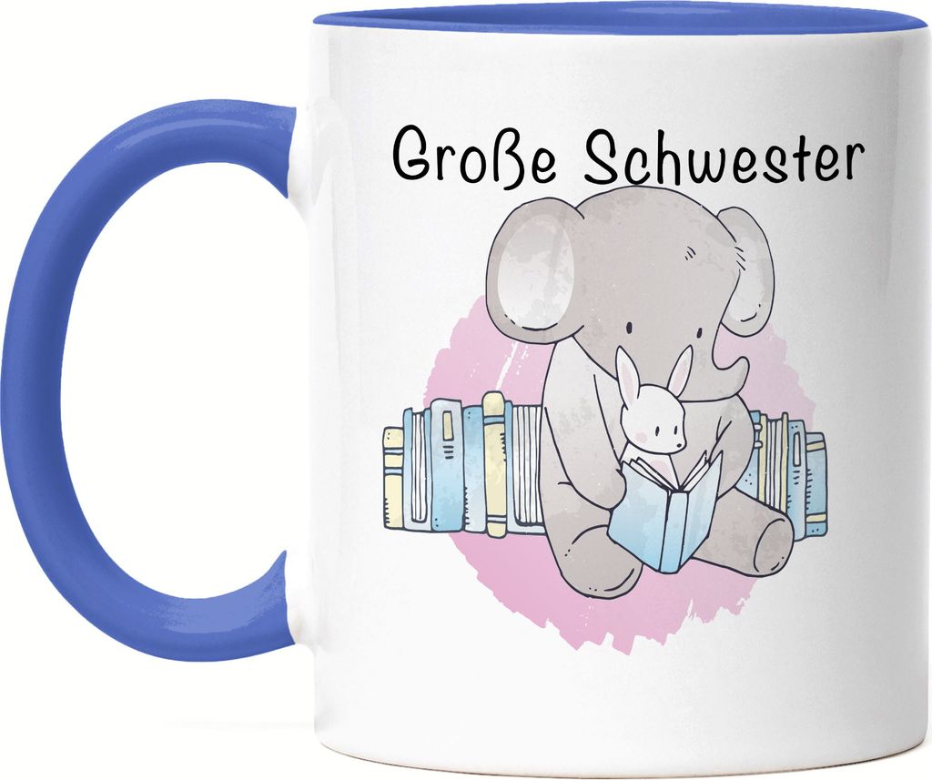 Große Schwester Tasse Blau Süßes Motiv Elefant Hase Schwangerschaft Geschenkidee Baby-News