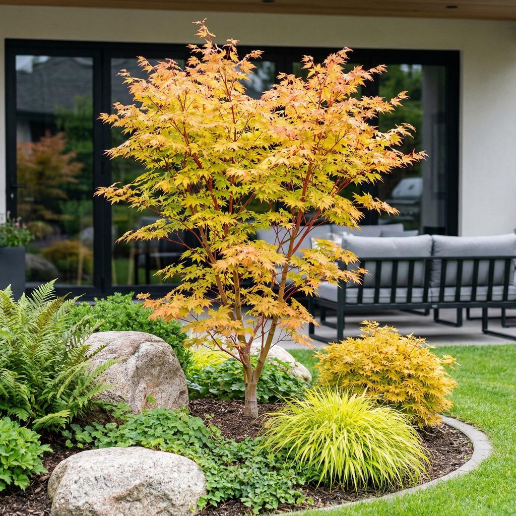 Japanischer Ahorn Acer palmatum Sangokaku, laubabwerfende Gartenpflanze in Grün mit orange roter Herbstfärbung, Zierahorn für Garten und Kübel,