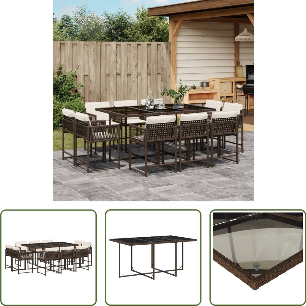 The Living Store 11-tlg. Garten-Essgruppe mit Kissen Braun Poly Rattan