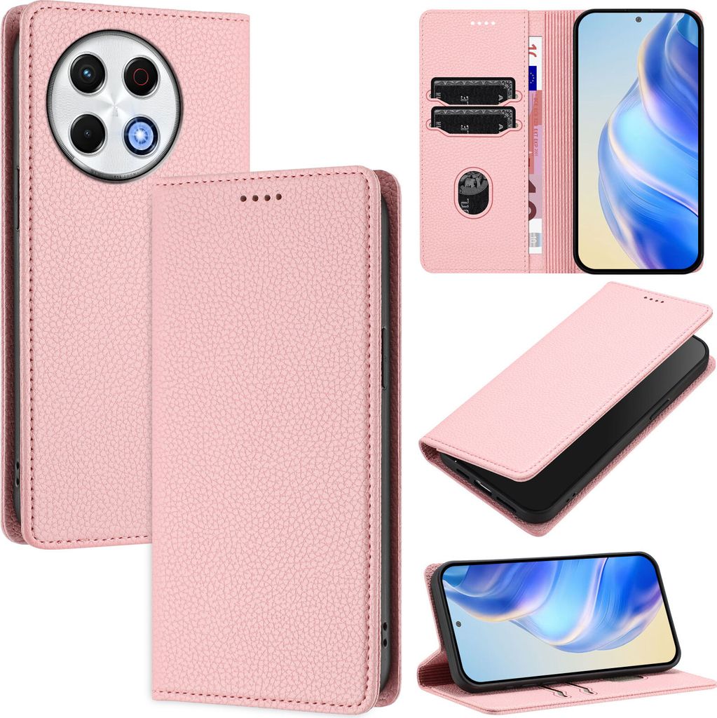 Litchi Leder Handyhülle für Tecno Spark 30 Pro 4G Wallet Kartenfächer Standfunktion Hülle Pink