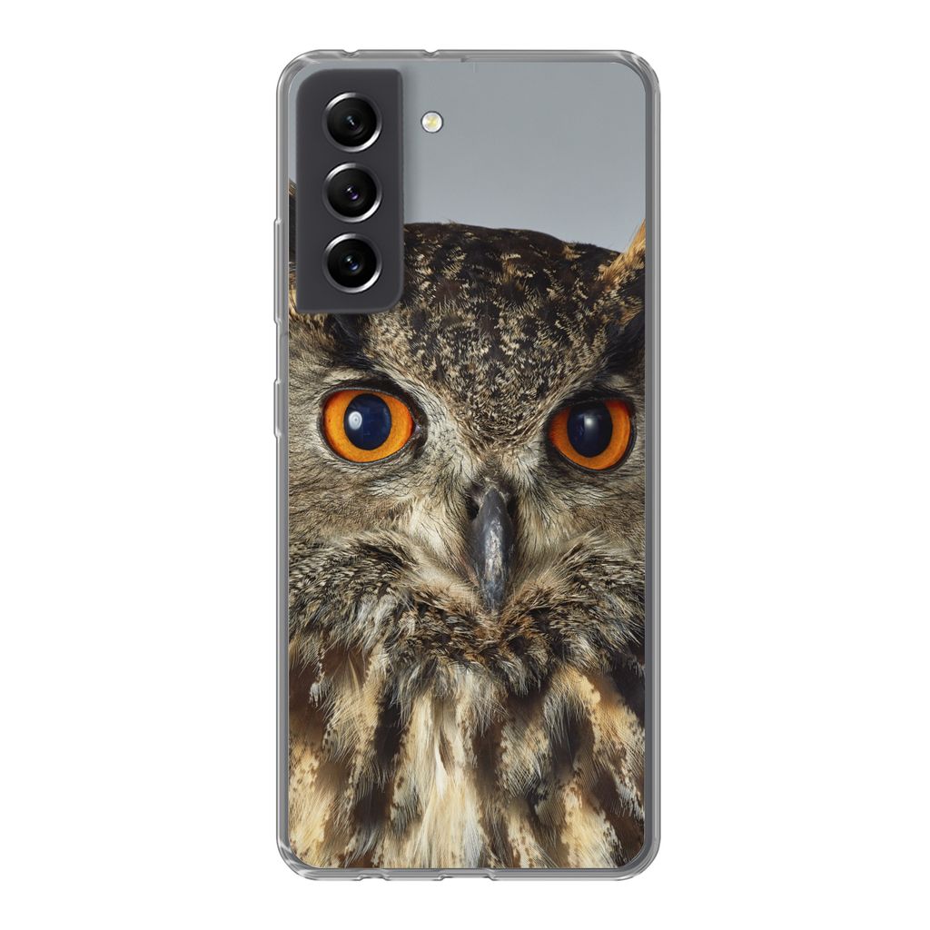 MuchoWow Handyhülle Schutzhülle Hülle für Samsung Galaxy S21 FE Braune Eule mit hellblauem Hintergrund Silikon Softcase Handy Hülle - Mobilt...