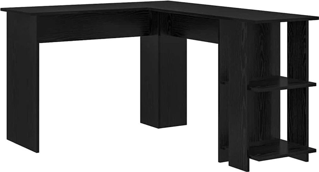 A black L-shaped desk with shelves on one side, shown against a white background.